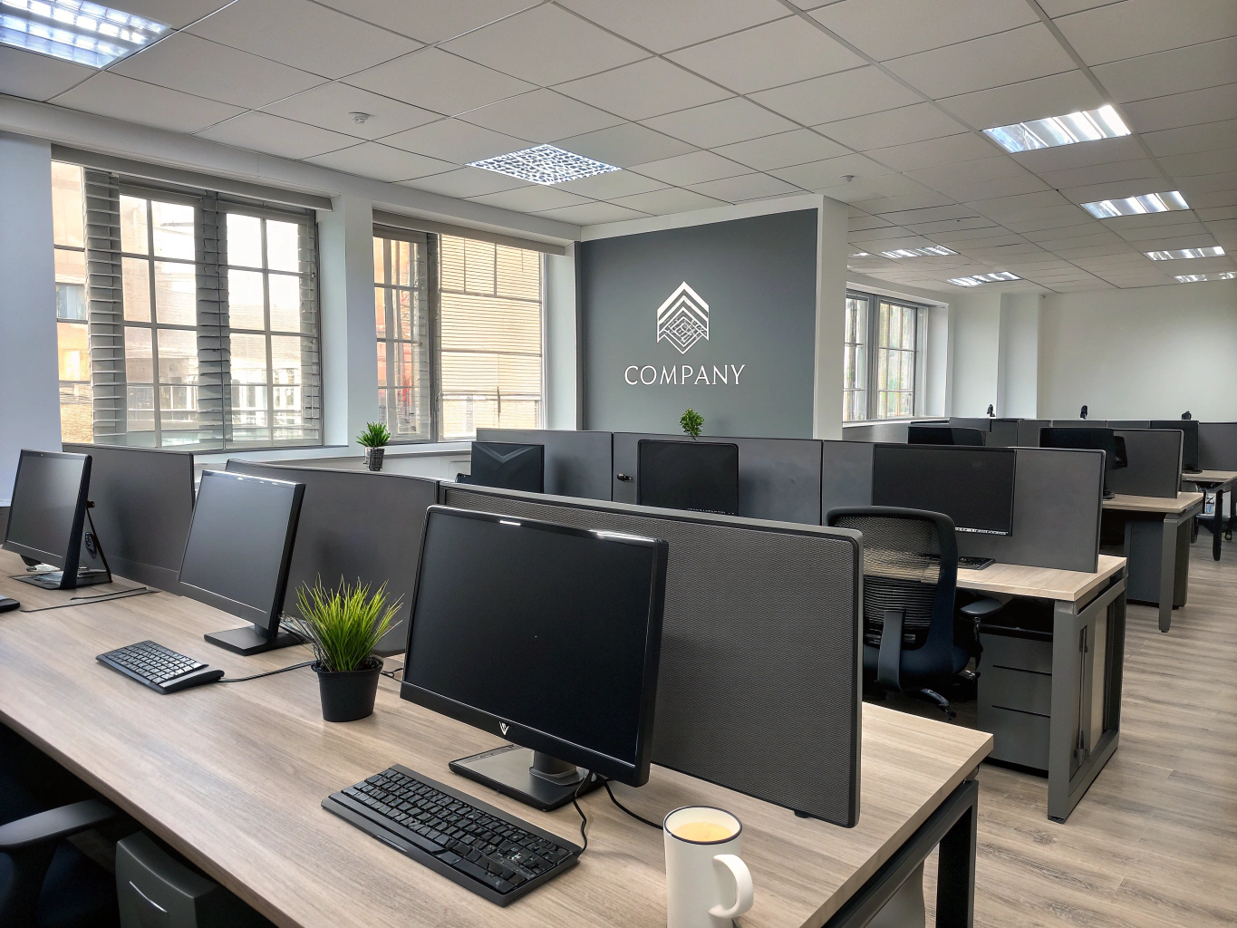 Professional support team working in a bright modern office environment